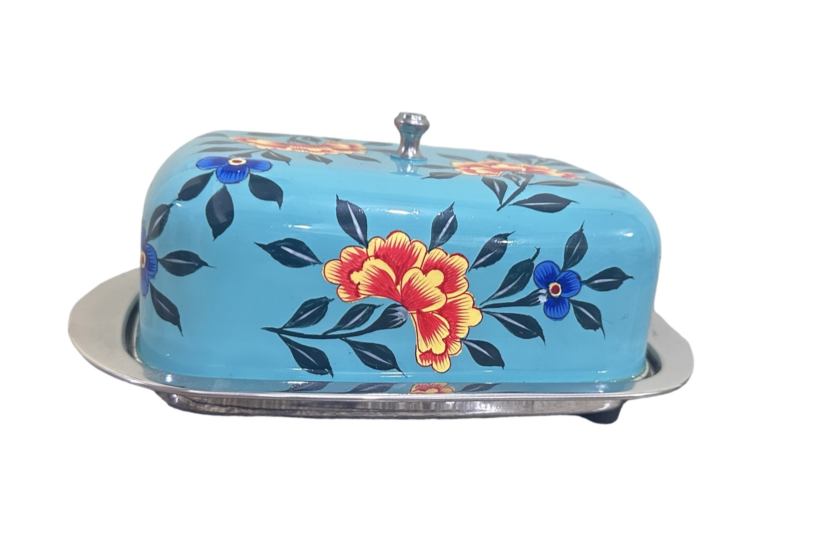 Steel butter box, Green box , 4.5"×7" Butter Dish From Kashmir,stainless steel butter dish, Hand Painted Cheese Dish Holds 1 lb of Butter